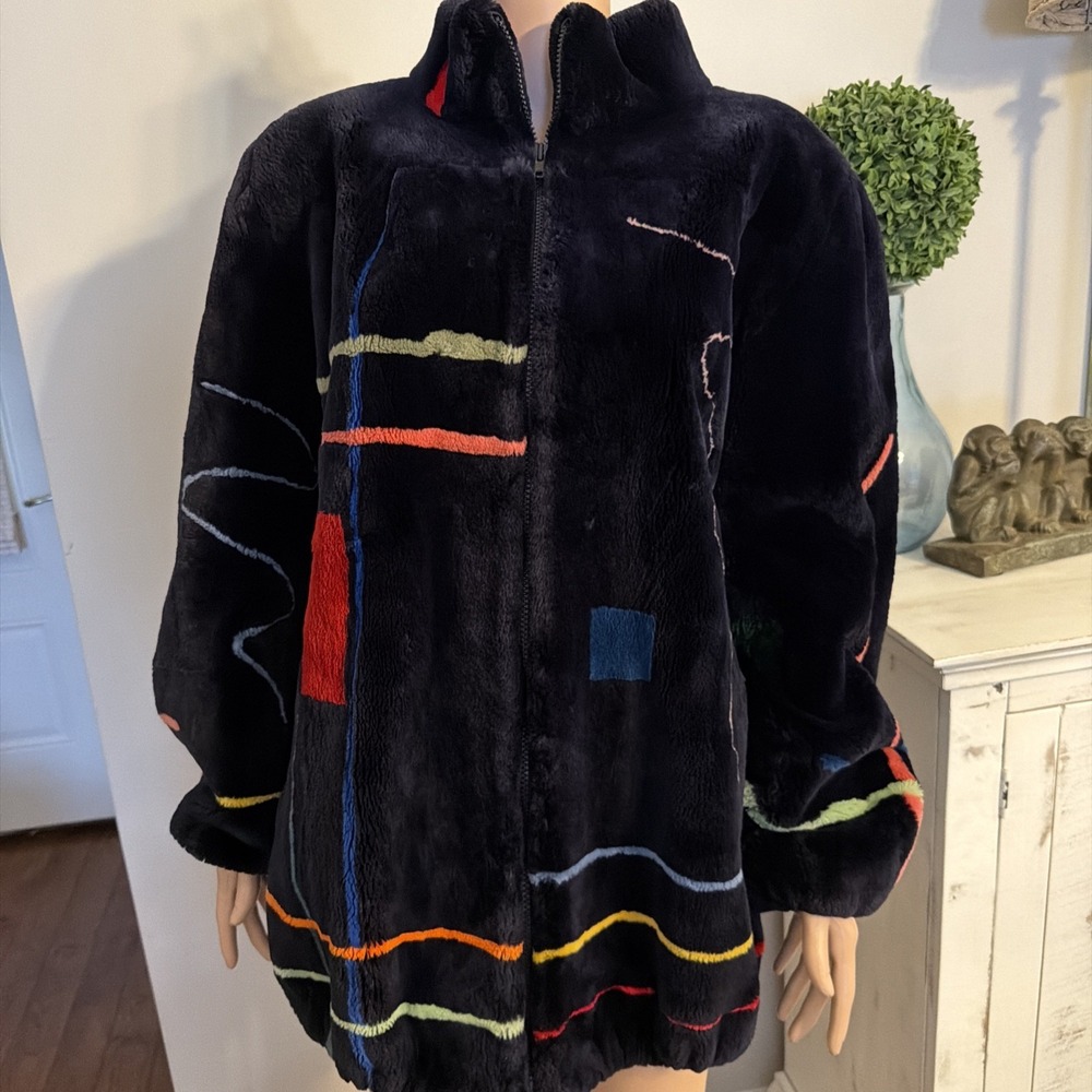 Zuki Saks Fifth Avenue Sheared Beaver Fur Jacket with Abstract Design Size XL - Picture 11 of 16